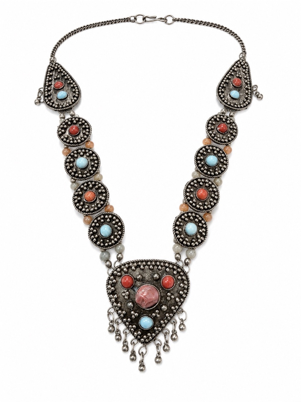 Vintage Southwestern Statement Necklace Pink Blue Cabochon Boho Festival (0012)